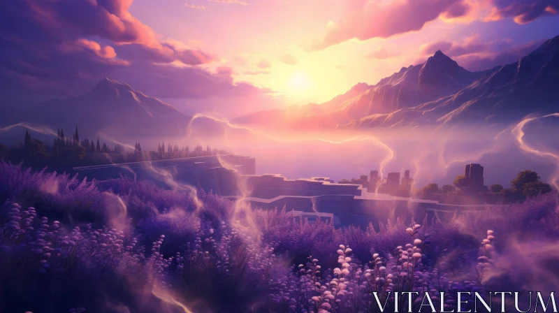 Dreamy Mountain Sunset - A Fusion of Natural Beauty with Photorealistic Fantasy AI Image