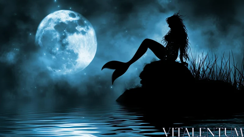 Enchanting Mermaid Silhouette: Moonlit Beauty in Dark Blue AI Image