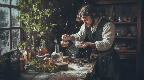 Man Brewing Potion in Vintage Setting