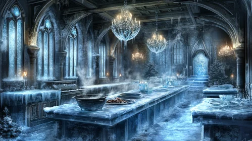 Icy Dining Hall with Chandeliers