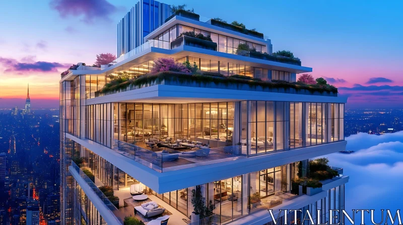 Luxury High-Rise with Glass Facade and Gardens AI Image