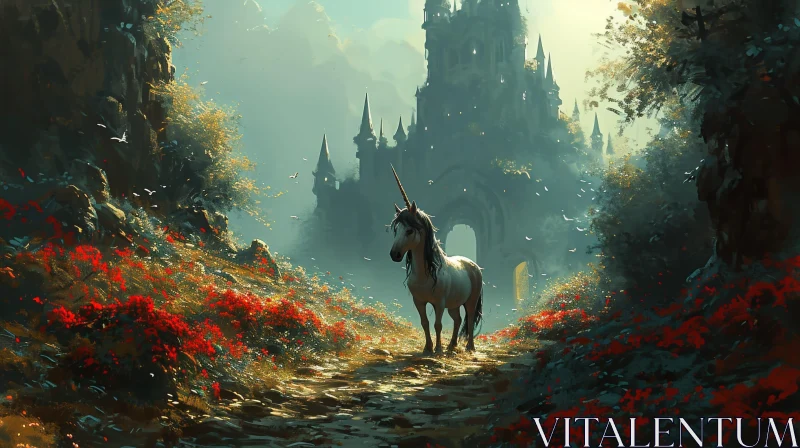 Majestic Unicorn in a Fantasy Landscape with Red Flowers and Castle AI Image