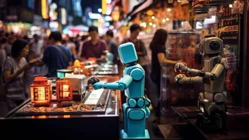 Robots for Retail in Asian Shopping Street | Dark Teal and Amber