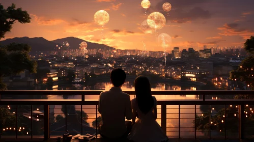 Romantic Cityscape View with Fireworks - Couple at Sunset