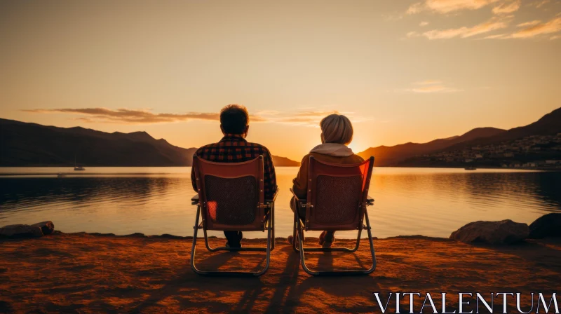 AI ART Serene Evening Sunset: Couple Sitting in Wooden Lounge Chairs at the Lake