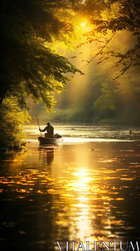 Twilight Serenity: Captivating Nature Scene with a Man Rowing a Boat AI Image