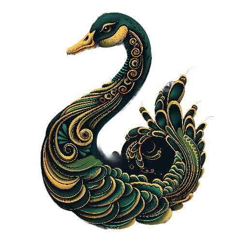 Unique Black Swan Design with Golden and Green Patterns