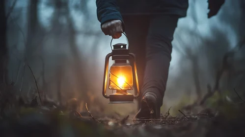 Person with Lantern in Misty Forest