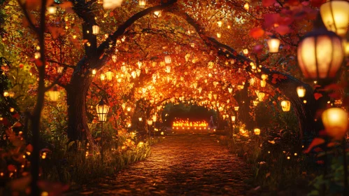 Lantern Lit Pathway Through Autumn Trees