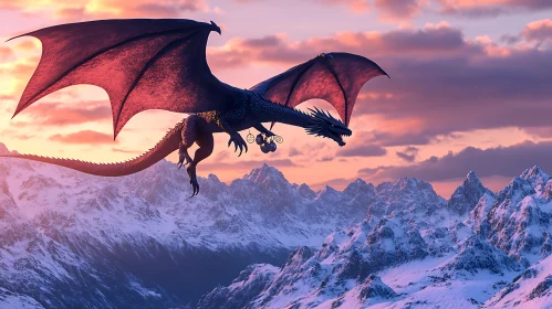 Dragon Soaring Above Mountain Peaks at Sunset