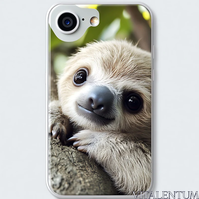 Cute Sloth with Big Eyes Hugging Tree AI Image