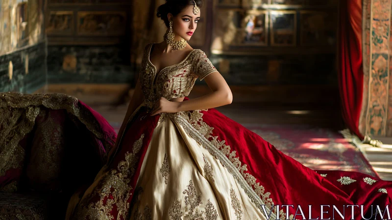 Woman in Traditional Dress with Gold Jewelry AI Image