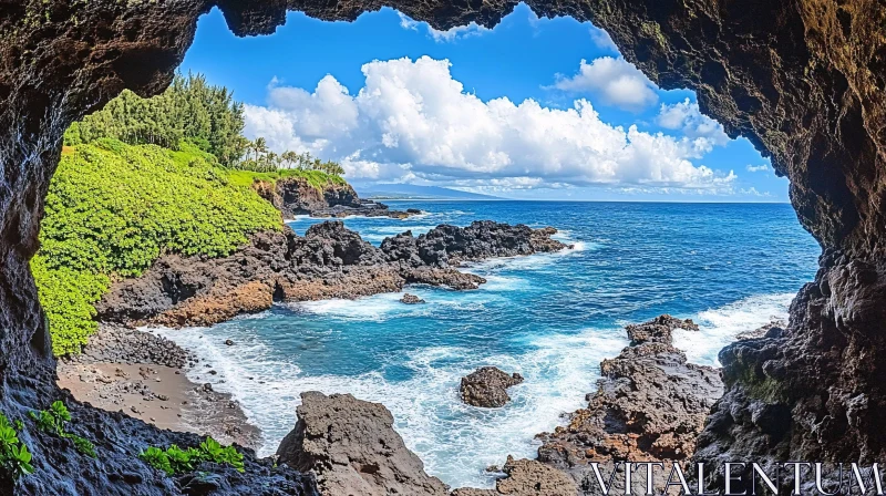 Idyllic Coastal View from Sea Cave AI Image