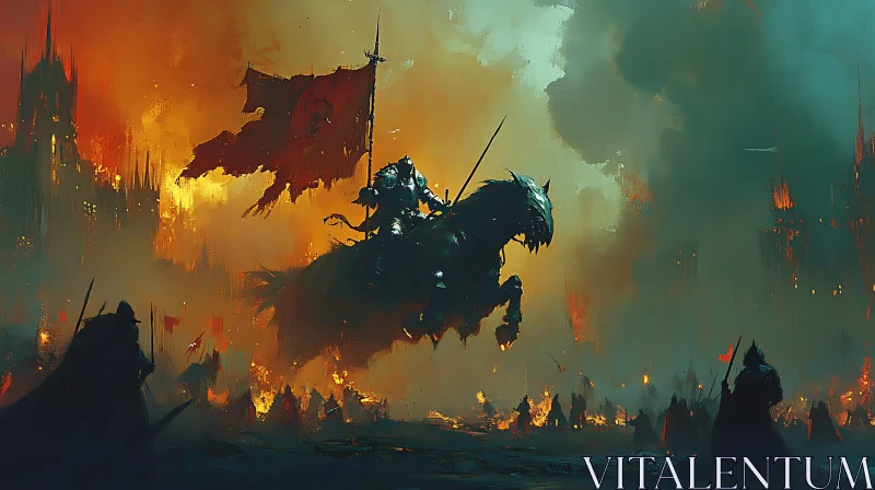 AI ART Knight on Horseback in Fiery Battle