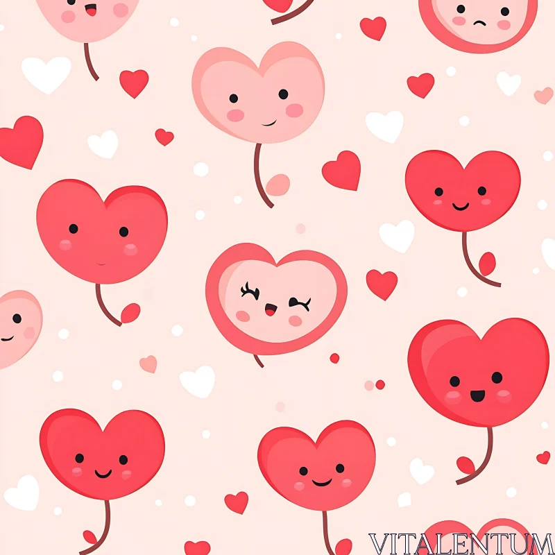 Seamless Heart Pattern with Cute Faces AI Image