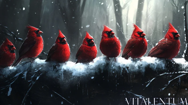 Row of Red Cardinals on Snowy Branch AI Image