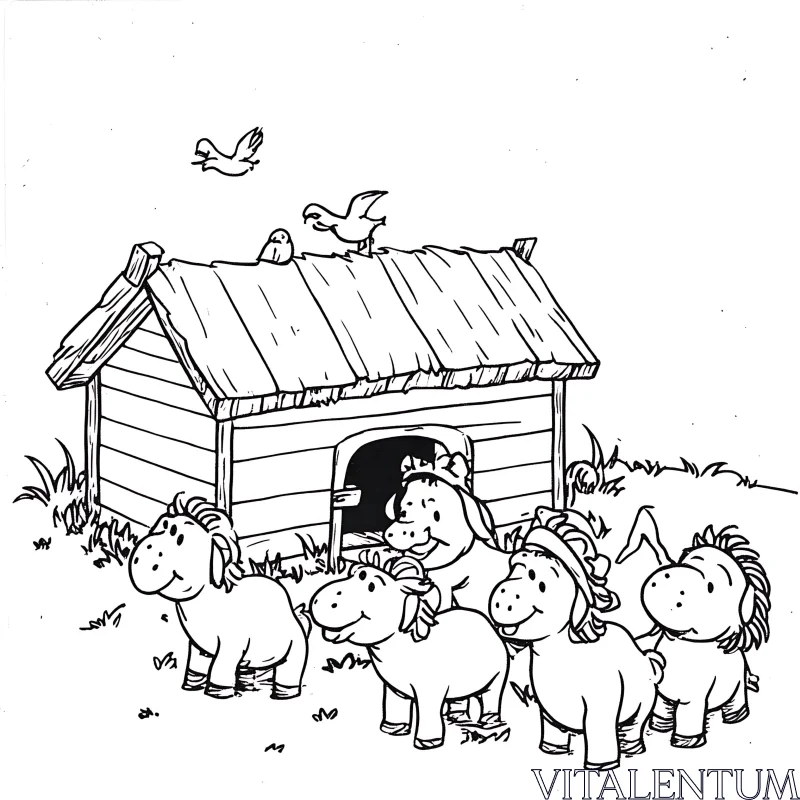 Country Barn Cartoon with Horses and Birds AI Image