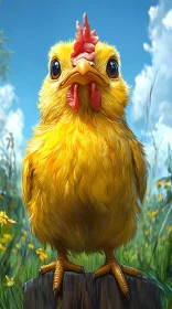 Cute Yellow Chick in a Meadow