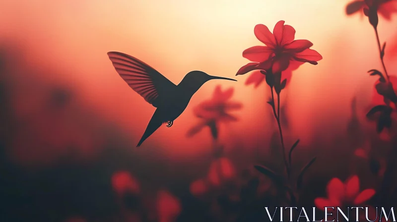 AI ART Silhouette of Hummingbird with Red Flower