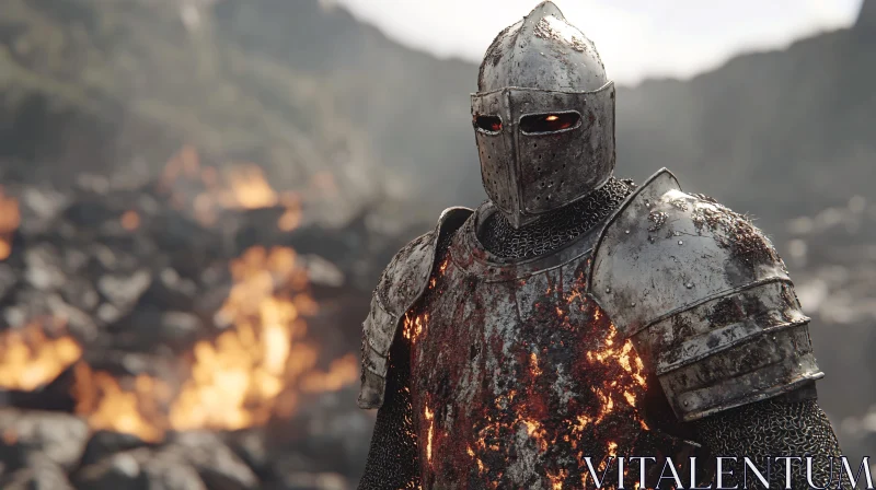 AI ART Armored Knight Amidst Burning Ruins