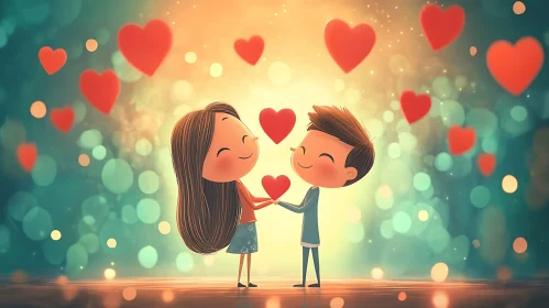 Sweet Cartoon Romance with Hearts