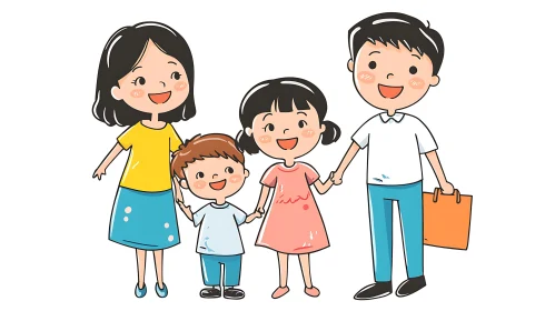 Wholesome Family Cartoon Portrait with Happy Children