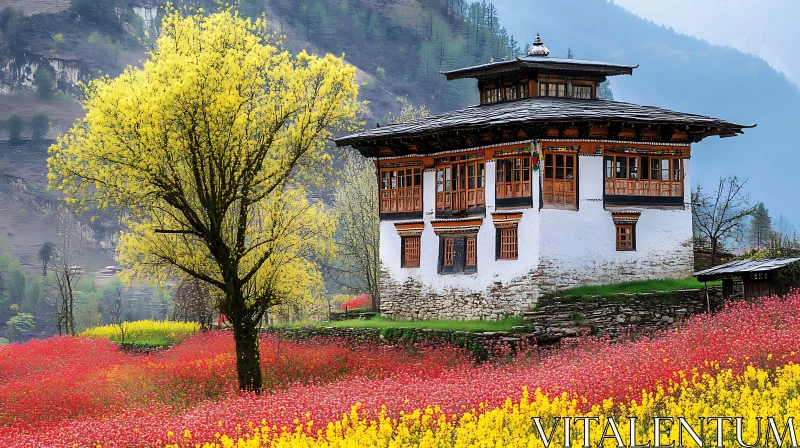 Traditional House with Flowers AI Image