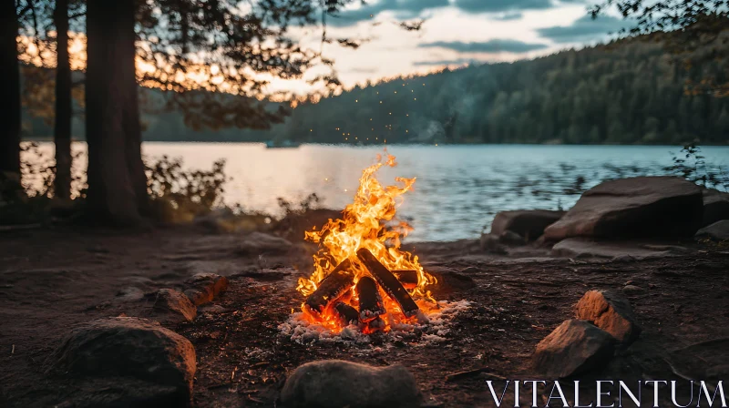 Serene Evening by the Lake with Campfire AI Image