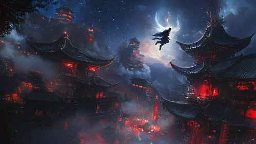 Asian City at Night with Figure Silhouette