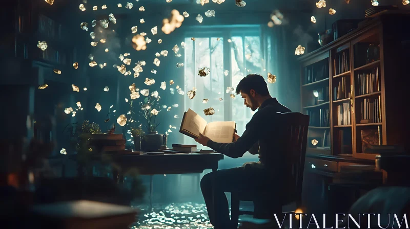 AI ART Man Reading Book with Floating Lights