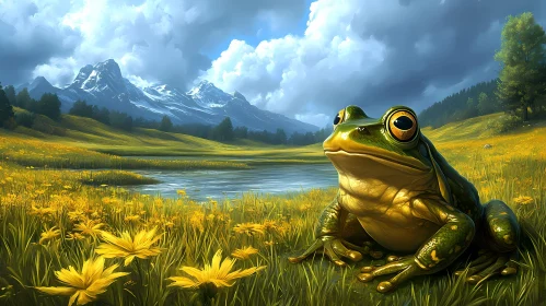 Frog in Vibrant Yellow Flower Field