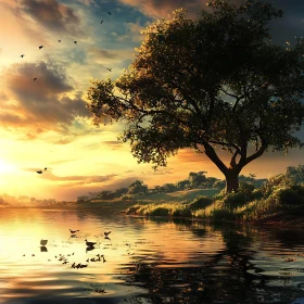 Tranquil Lake Sunset Scene