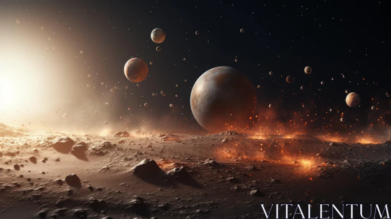 Captivating Artwork of Planets in Space with Volcanic Flares and Stars AI Image