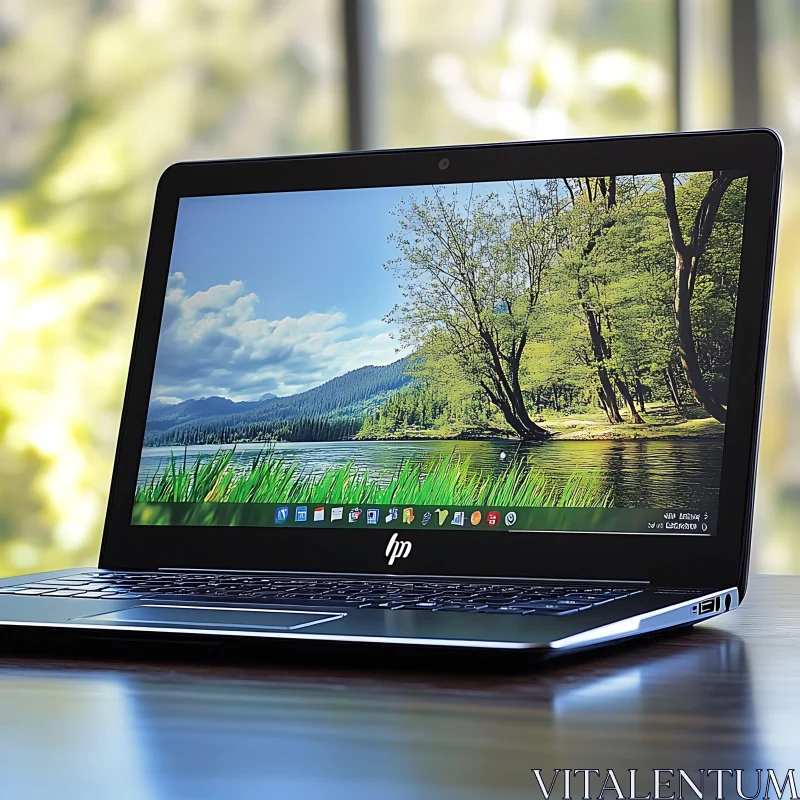 Black Laptop Featuring a Nature Landscape Screen AI Image