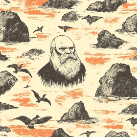 Old-fashioned Sketch of a Man and Birds