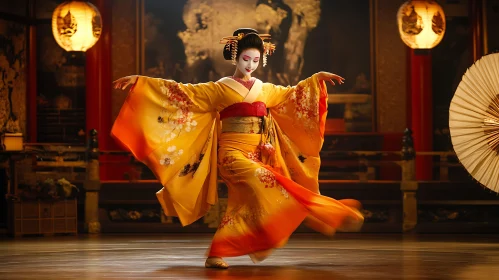 Japanese Geisha Dancing in Golden Kimono