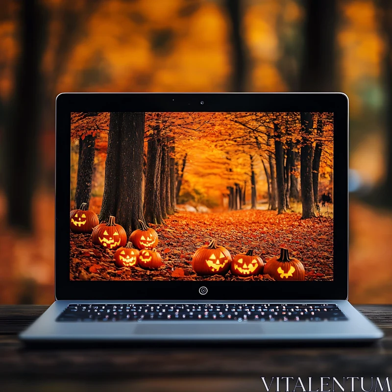 Halloween-Themed Autumn Forest Path on Laptop Screen AI Image