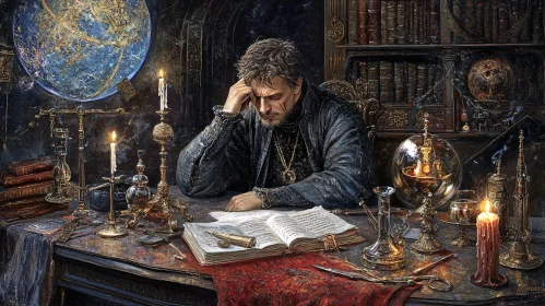 Man Studying Ancient Book with Globe