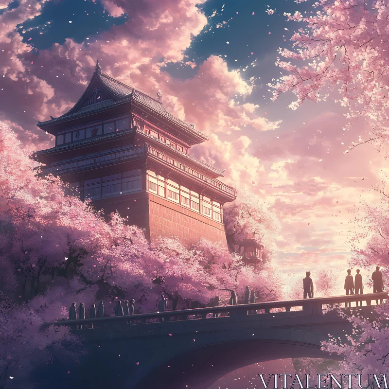 Japanese Building with Cherry Blossoms AI Image