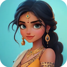 Cartoon Style Woman with Golden Adornments