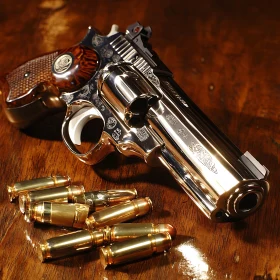 Gleaming Handgun with Golden Ammunition