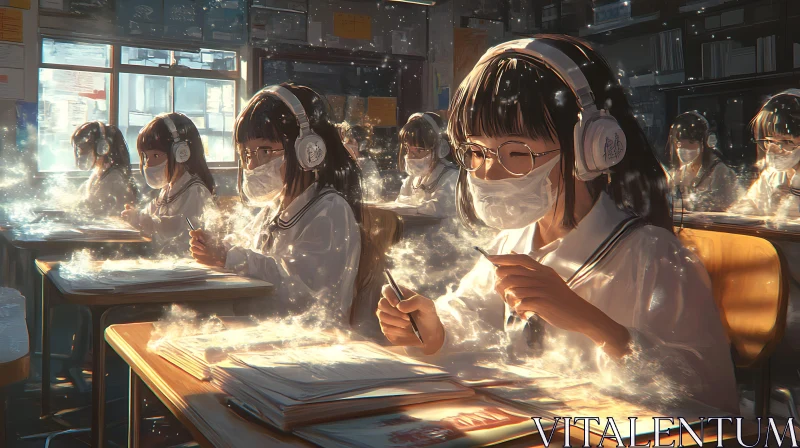Masked Students Listening in Classroom AI Image