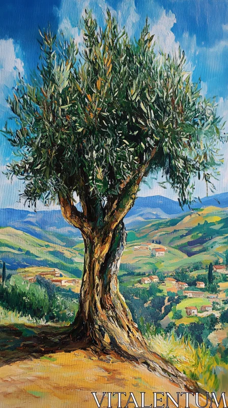 AI ART Tree Overlooking Rolling Hills and Village