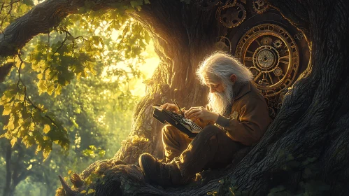 Old Man and Clockwork in the Forest