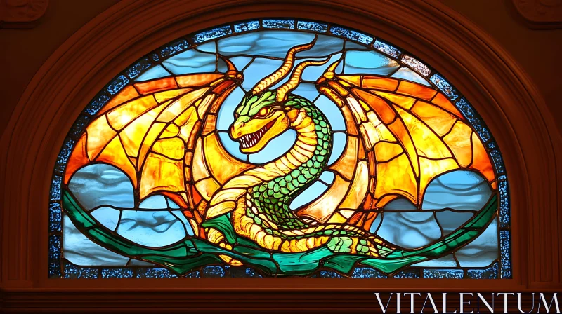 Mythical Dragon Stained Glass Window AI Image