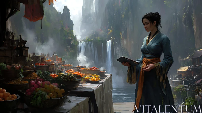 Serene Market Scene with Asian Woman AI Image