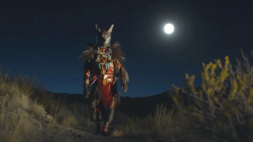 Tribal Wolf Figure in Night Landscape