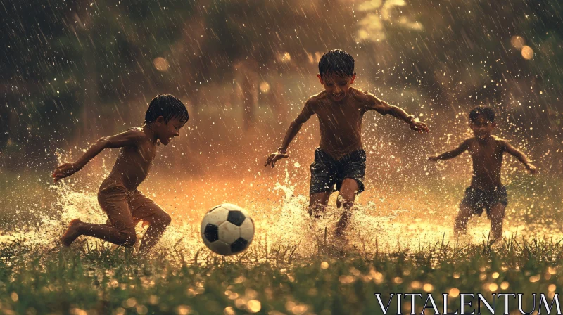 Children Playing Football in Rain AI Image