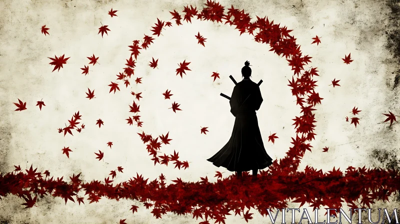 Silhouette of a Samurai in Autumn AI Image