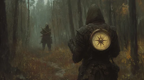 Hooded figure in the woods with compass